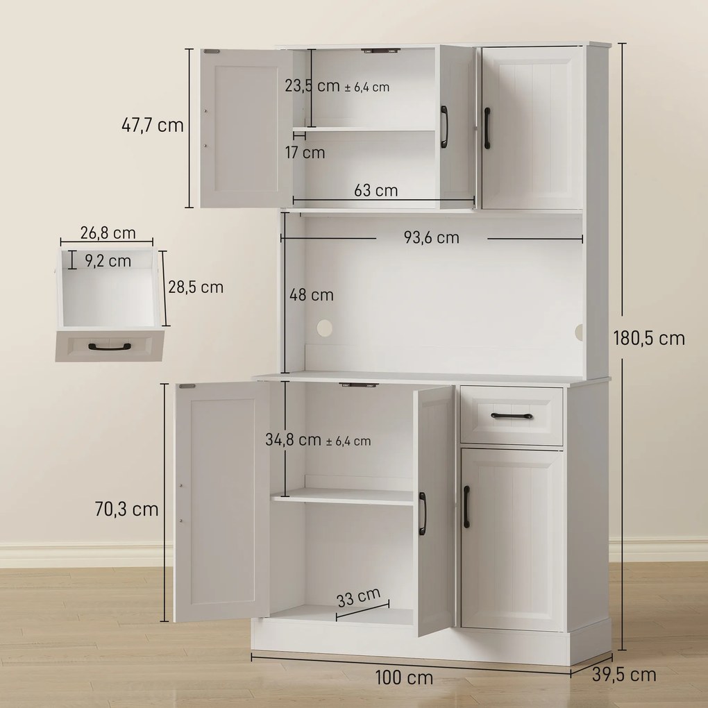 HOMCOM Szafka kuchenna, 180,5 cm, kredens, blat roboczy, otwór na kabel, regulowane półki, MDF, Biały