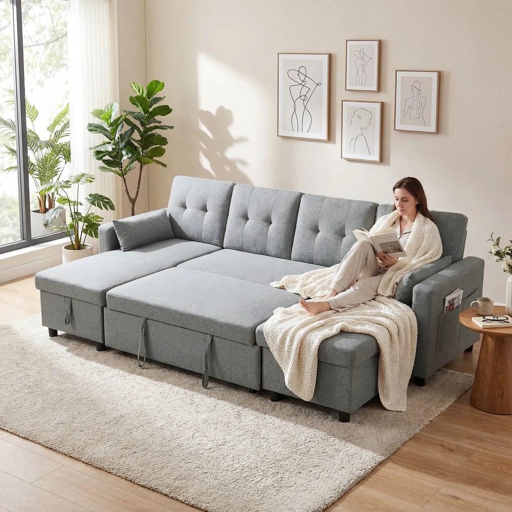 HOMCOM Narożnik z funkcją spania i pojemnikiem na pościel U-kształtny 4-osobowa sofa z szezlongiem, regulowane oparcie, tkanina o wyglądzie lnu | Aosom PL