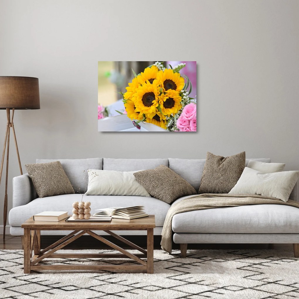 Obraz na szkle - bukiet ślubny ze słoneczników (70x50 cm)