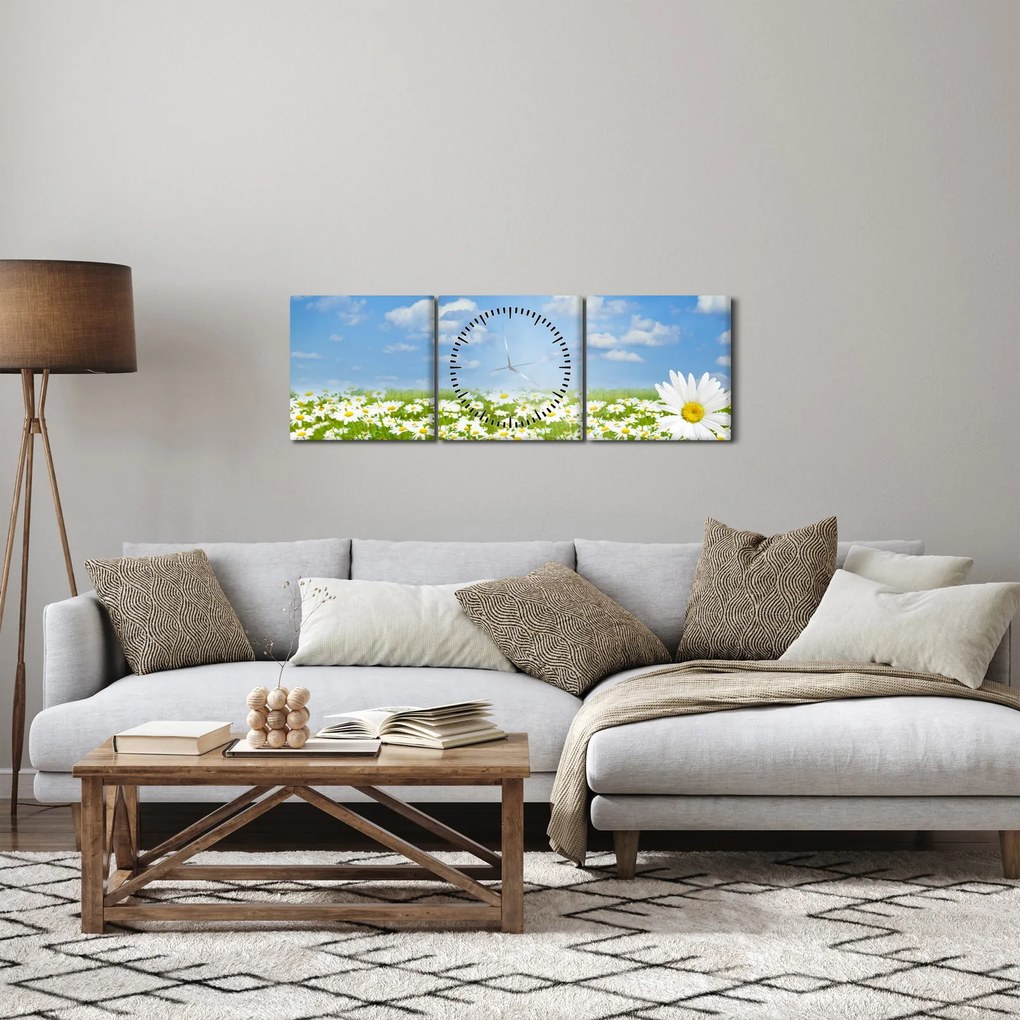 Obraz kwitnącej łąki ze stokrotkami (z zegarem) (90x30 cm)