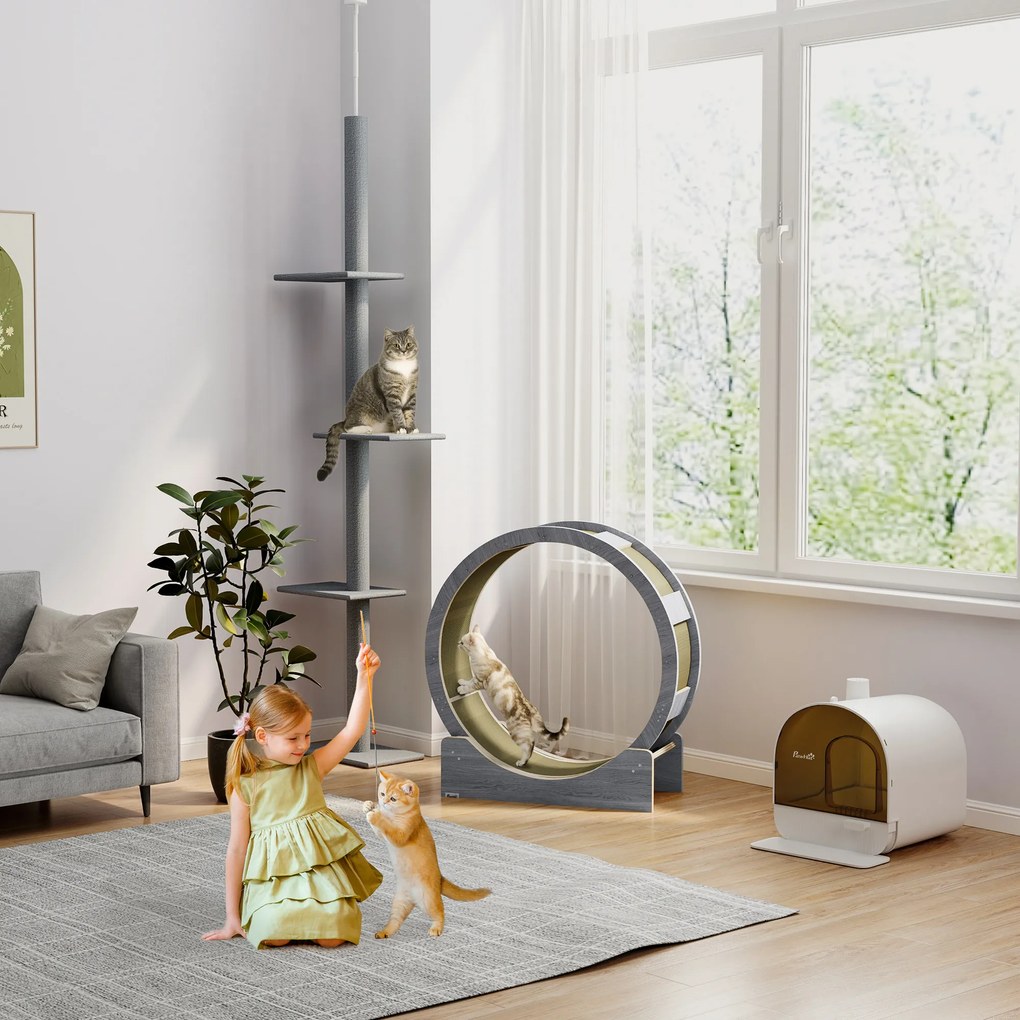 PawHut Kocie Koło Treningowe, Koło Do Biegania dla Kotów, 91 cm, z Hamulcem, Matą Do Drapania, dla Zdrowego Ruchu, Orzech