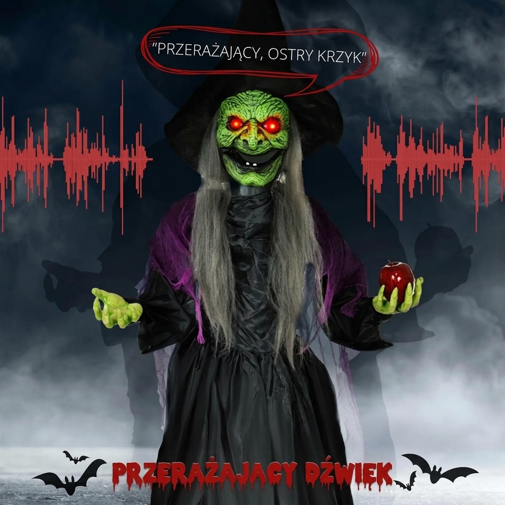 HOMCOM Czarownica z Jadowitym Jabłkiem, Dekoracje Helloweenowe, Straszne Dźwięki, Czerwone Oczy, Ruchome Ramiona, 180 cm