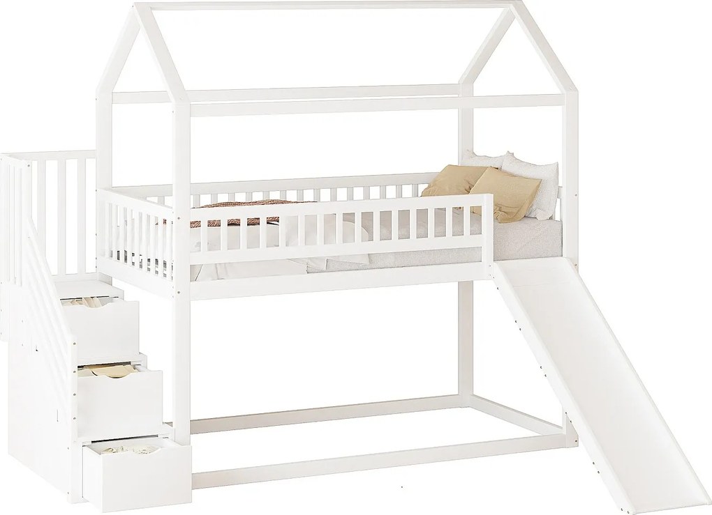 Łóżko piętrowe 90x200 cm - łóżko dziecięce z drabinką i zjeżdżalnią - białe - materac nie jest wliczony w cenę