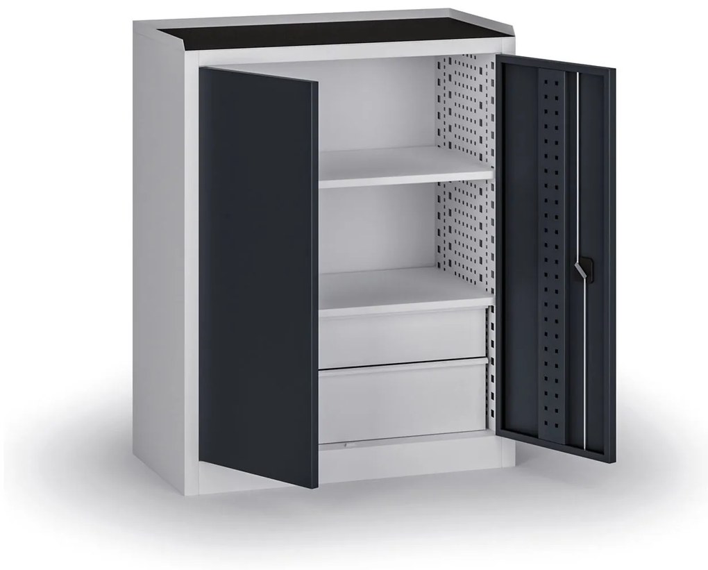 Szafa warsztatowa, 2 półki + 2 szuflady, 1180 × 950 × 500 mm, grafitowe drzwi