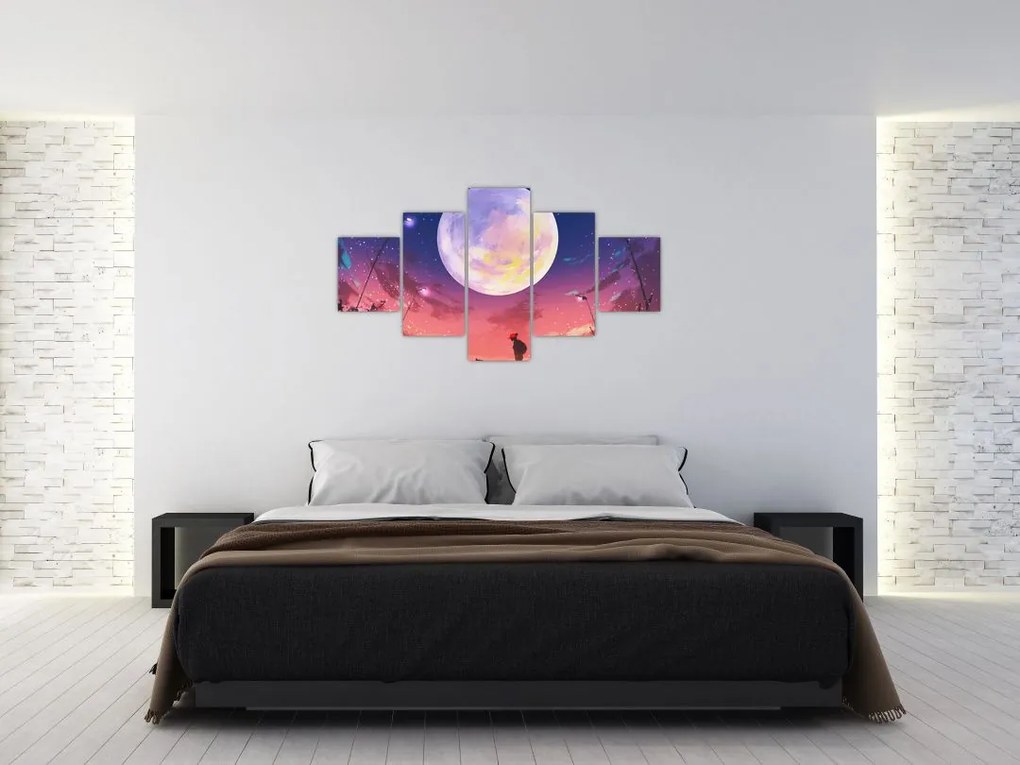 Obraz - Kobieta i pies w pełni księżyca (125x70 cm)