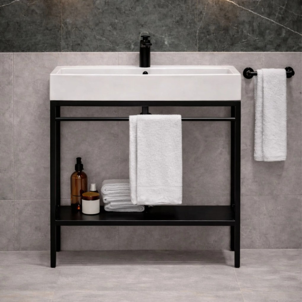 Zestaw umywalka z konglomeratu NAVI 100 x 45 cm + stojąca konsola NAVI Step | Różne kolory | Różne rozmiary : Kolor - Czarny, Otwór na baterię - Jeden otwór, Rozmiar - 100 x 45 cm