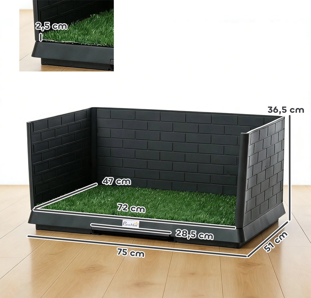 PawHut Toaleta dla psa 75 x 51 cm z trawą sztuczną, wysokimi ściankami, wysuwaną tacą i systemem odprowadzania - Czarna | Aosom PL