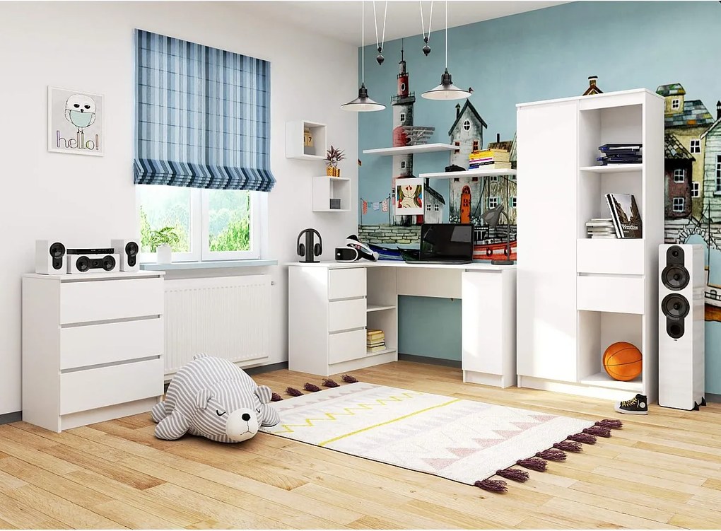 Biurko narożne AKORD B20 Białe 155 cm lewe 1 drzwi 3 szuflady kolor Biały mat 4 półki 155x85x77 cm