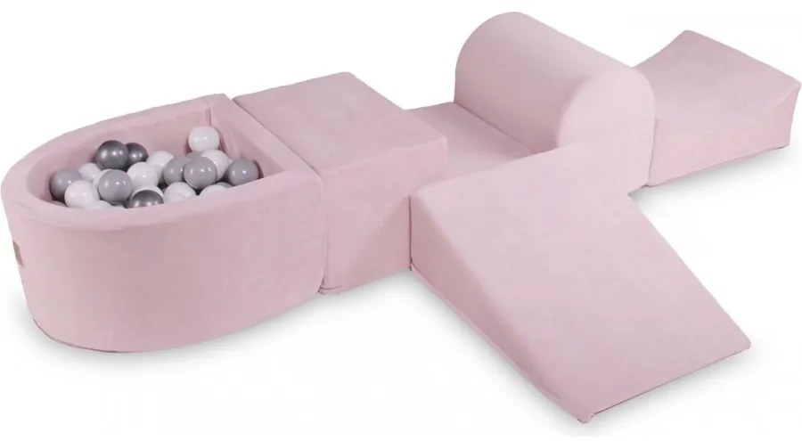 Piankowy zestaw do zabawy z suchym basenem 57x45x30cm/100 piłek 7cm, plac zabaw dla dziecka, 5 elementów, welurowy, jasnoróżowy, piłki: miętowe, błękitne, szare, biała perła, transparentne - meowbaby®
