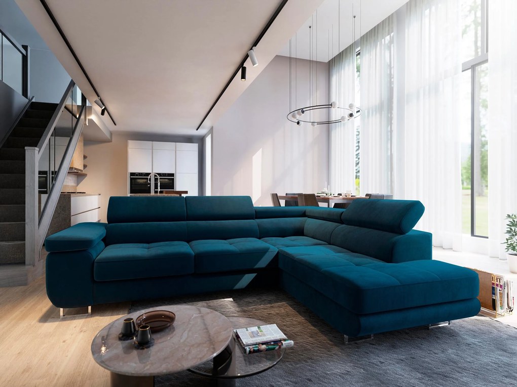 Masseno Narożnik SELVA z Funkcją Spania i Pojemnikiem na Pościel Narożnik L, Rozkładana sofa - Niebieski, MONOLITH 77