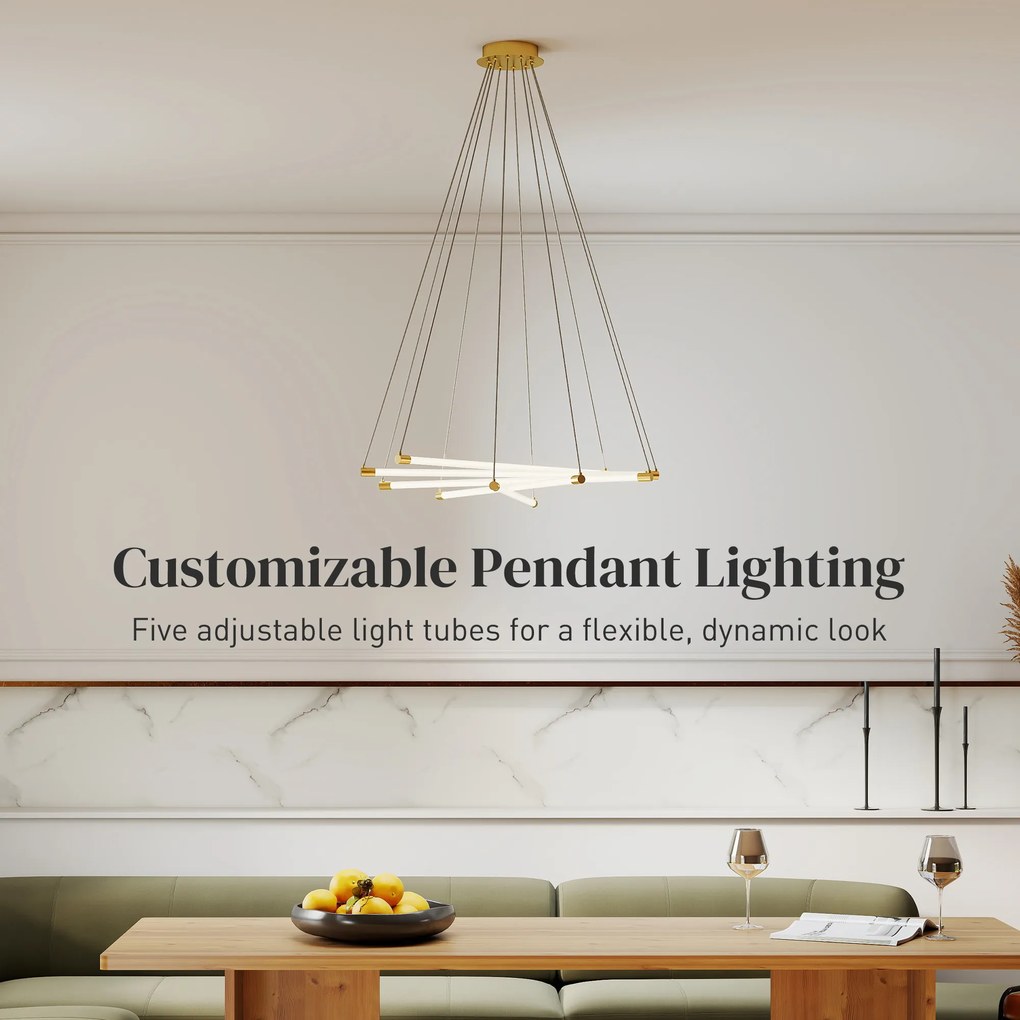 HOMCOM Lampa sufitowa LED, 50W, 5 regulowanych rur świetlnych, regulowana, lampa sufitowa do salonu, jadalni, kuchni, Złoty+Biały