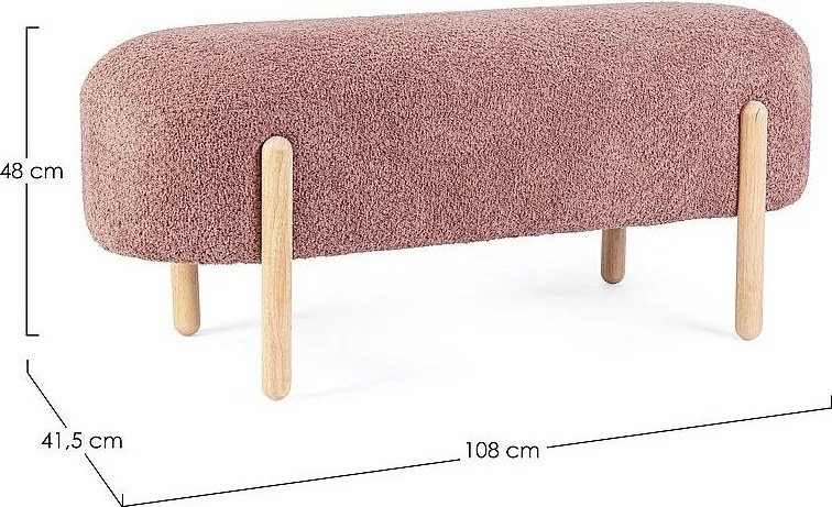 Ciemnoróżowa ławka z tkaniny z efektem bouclé, nogi z drewna kauczukowego - DAYLA