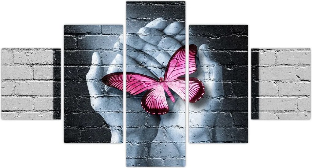 Obraz - Różowy motyl w ścianie (125x70 cm)