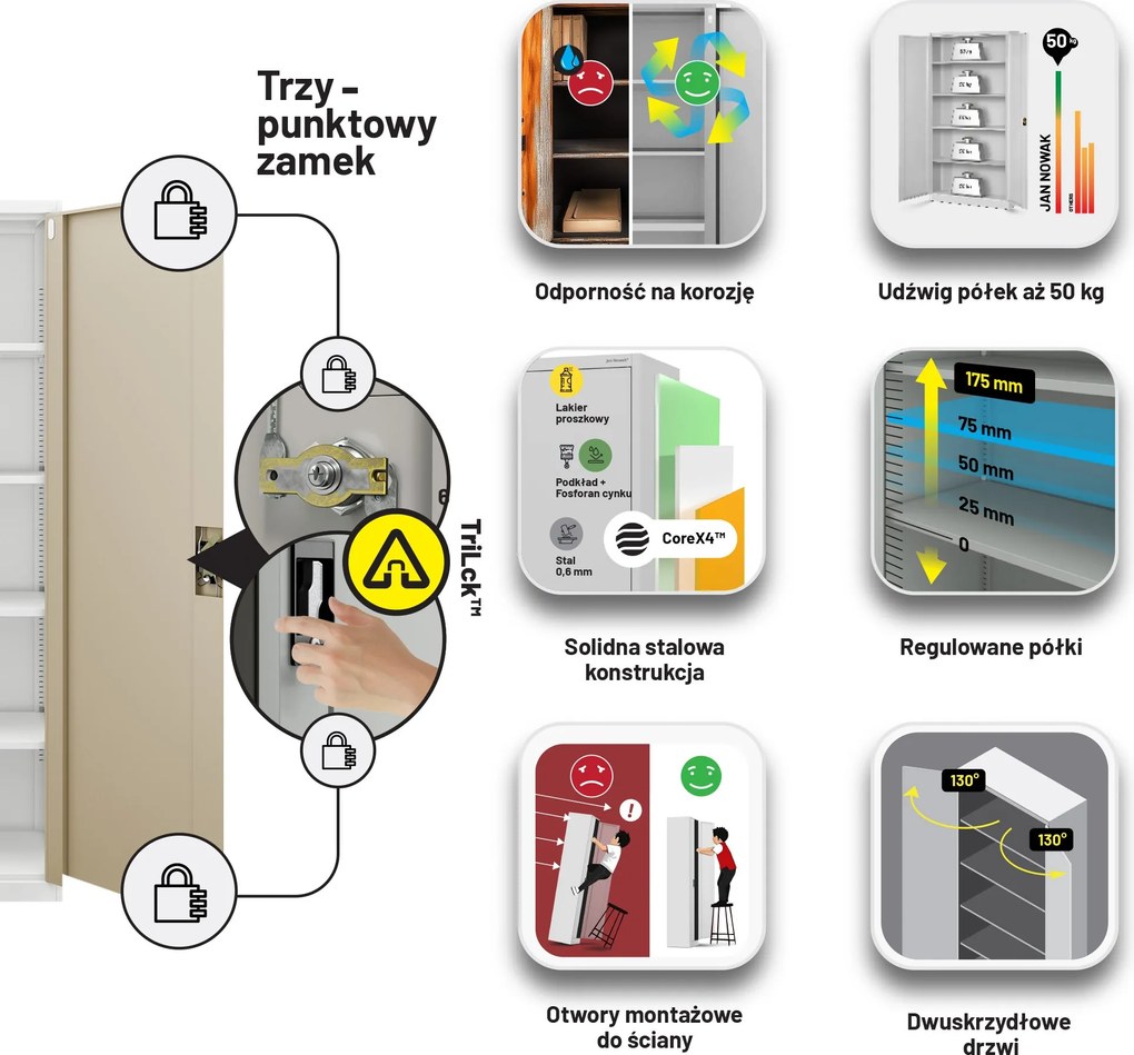 Szafa biurowa metalowa Biały/ Złoty dąb: Eco Design JAN II, 1150 x 1850 x 400 mm