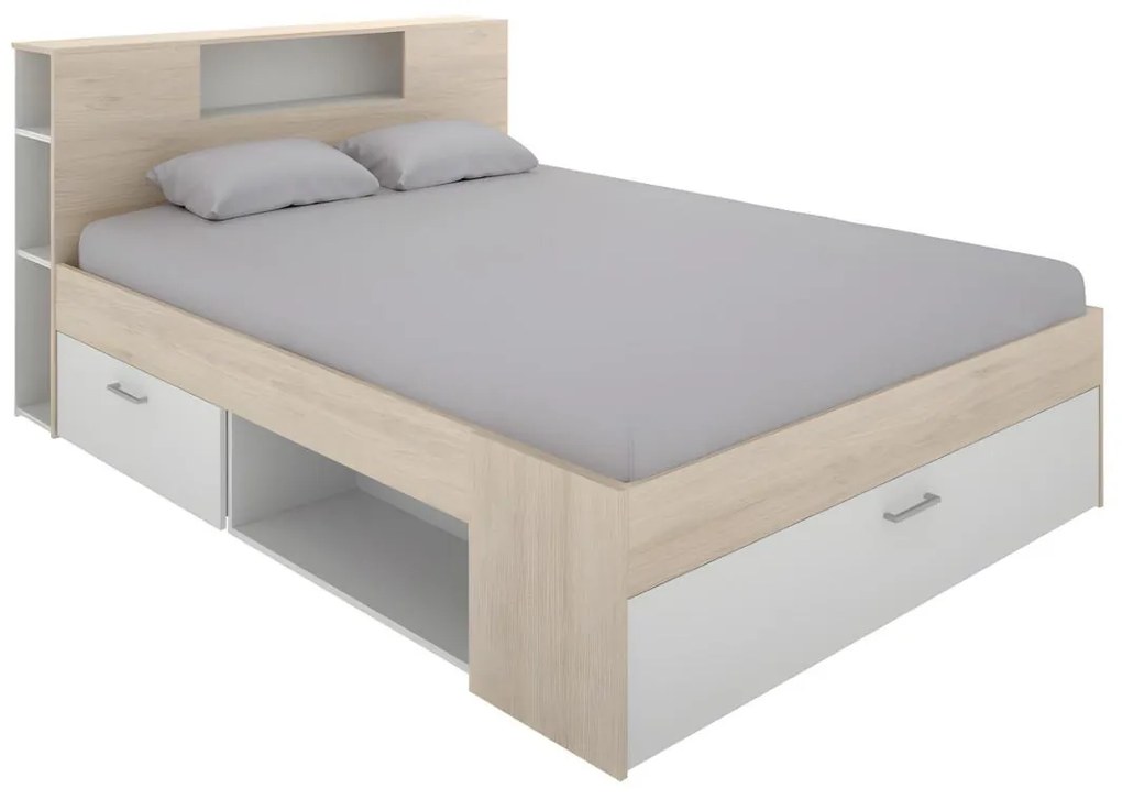 Łóżko z zagłówkiem, ze skrzynią  i szufladami – 140 × 190 cm – kolor biały i naturalny - LEANDRE