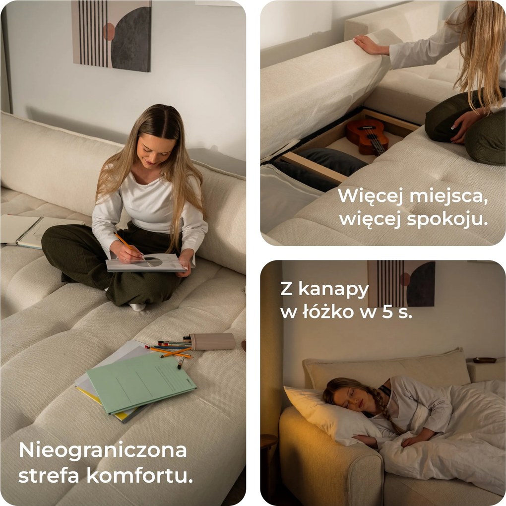Masseno Narożnik FRIGA z funkcją spania i pojemnikiem na pościel Narozniki L, Rozkładana sofa - Beżowy, ARAGON 14