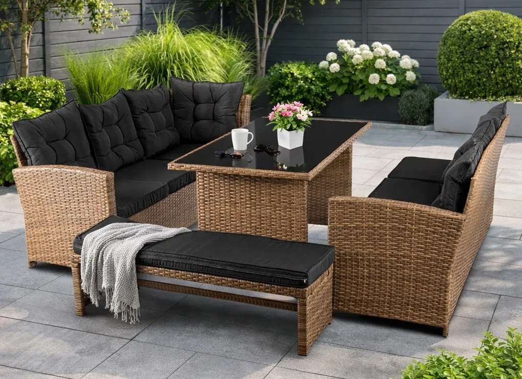 Narożnik ogrodowy technorattan Solvio ze stołem i ławką, jasnobrązowy, poduszki czarne