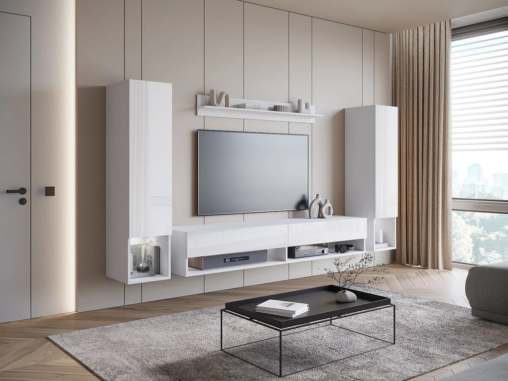 Nowoczesna meblościanka z LED – zestaw wiszący do salonu 2 słupki + szafka RTV 180 cm + półka, korpus biały mat, fronty biały połysk