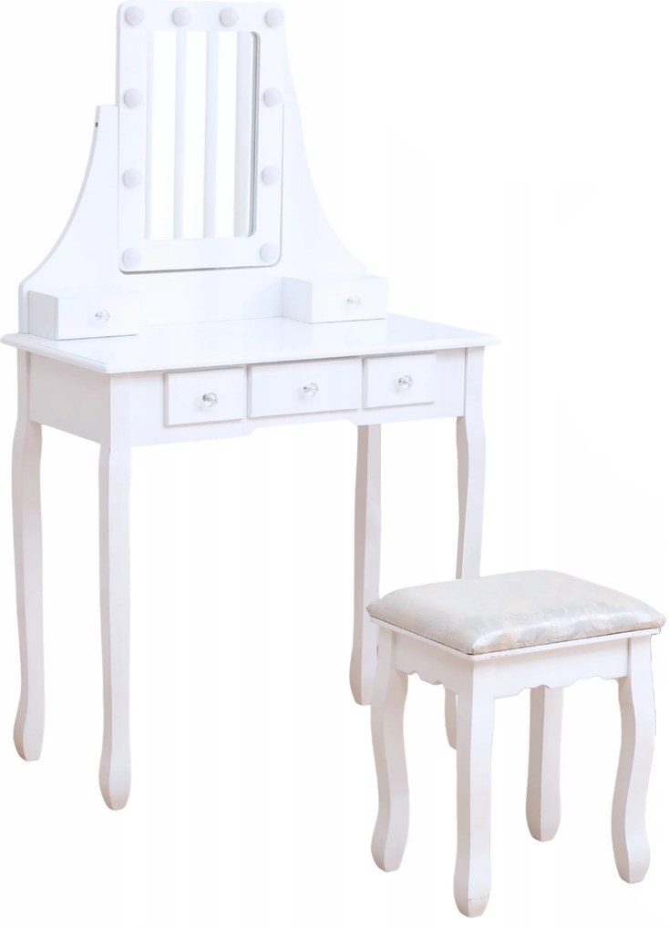 Toaletka retro z lustrem, taboretem i oświetleniem Noemi DT02, kolor biały