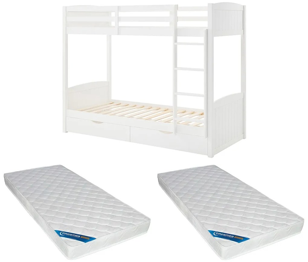 Łóżko piętrowe 2 x 90 x 200 cm - 2 szuflady - Drewno sosnowe i MDF - Biały + Materac - LIMODARA