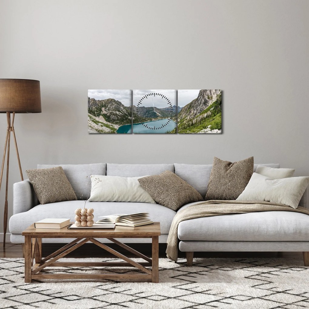 Obraz jeziora w górach (z zegarem) (90x30 cm)