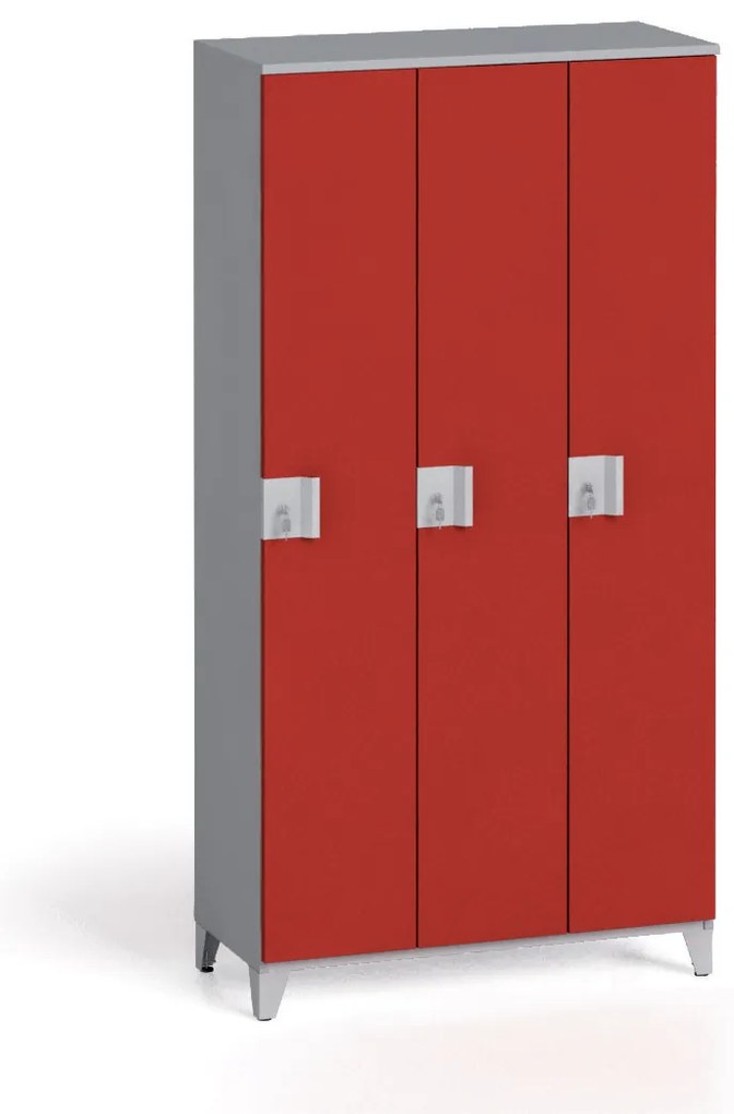 Szafa ubraniowa S4, 3-drzwiowa, 1750 x 900 x 400 mm, demontaż, zamek obrotowy, szary/czerwony