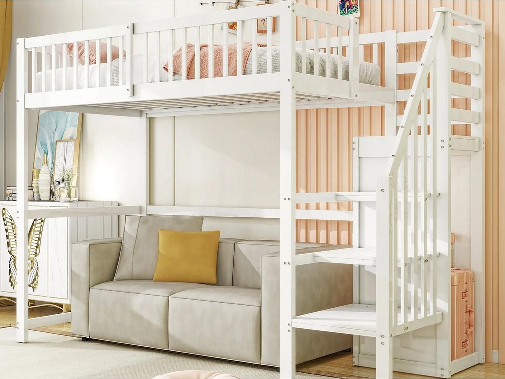 Drewniane łóżko antresolowe 90x200cm - z szafą - Białe