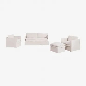 Zestaw Wypoczynkowy Z Sofą 3-osobową, 2 Fotelami I Pufem Z Lnu I Bawełny Grace Tkaniny Distressed White - Sklum