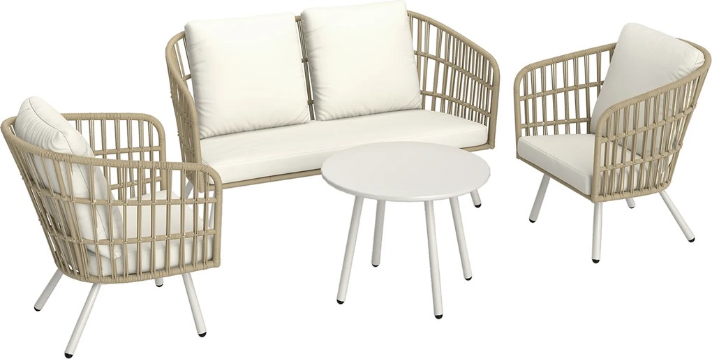 Zestaw mebli ogrodowych z polirattanu Outsunny: zestaw lounge z sofą 2-osobową, fotelami, stolikiem i poduszkami, odporny na warunki pogodowe dla 4 osób - Khaki