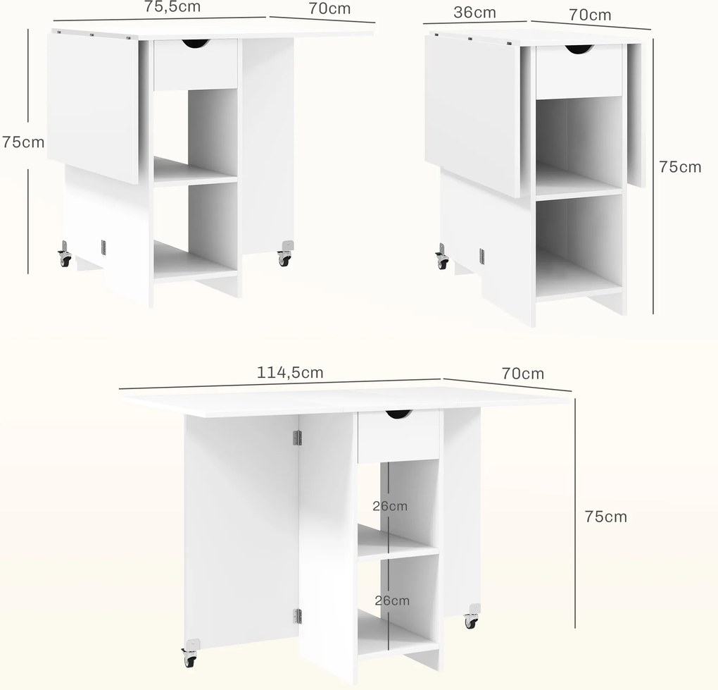 HOMCOM Składany Stół dla 2-4 osób, Składany Stół Kuchenny z Przesrzenią do Przechowywania, Rozkładany na Kołach, Biały