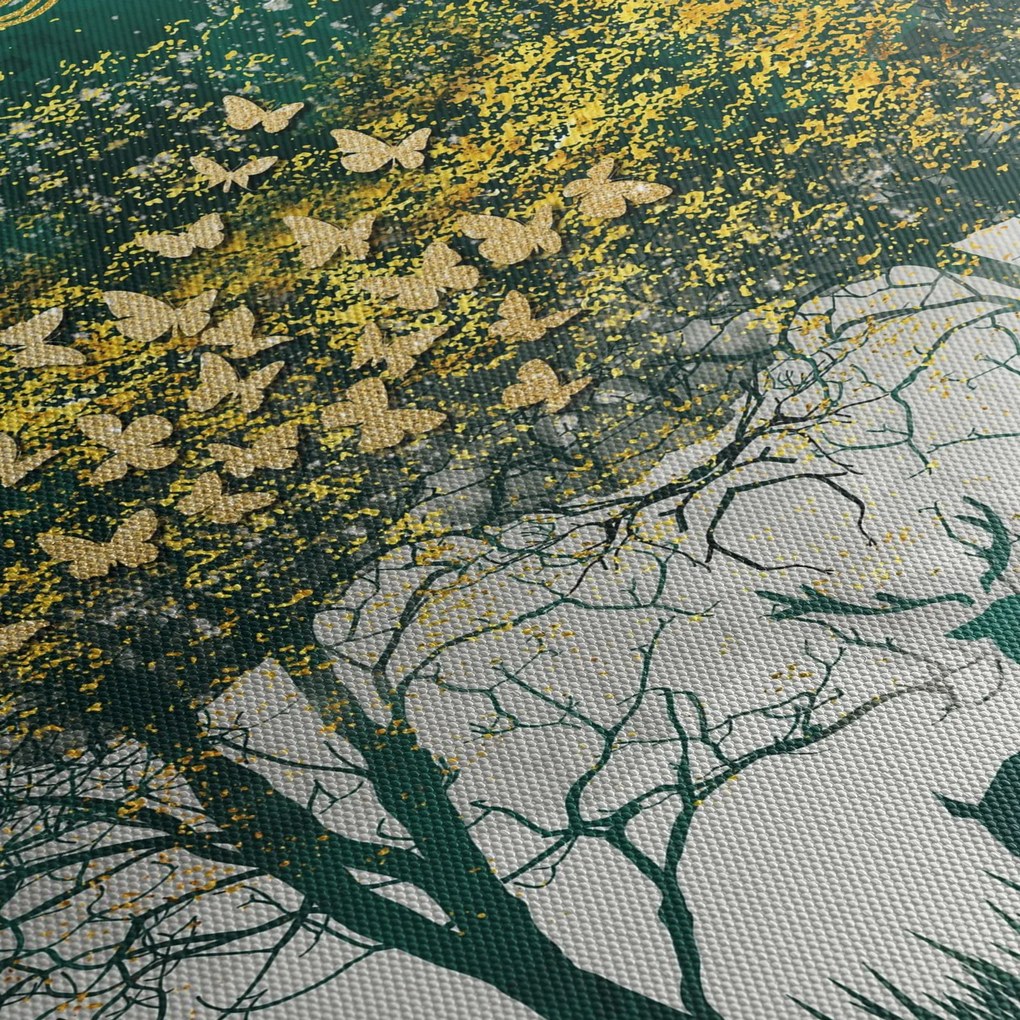 Obraz - Jelenie w zielonym lesie (z zegarem) (90x30 cm)