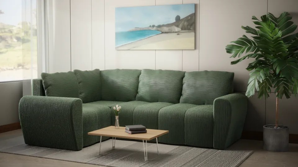 Komfortowa sofa narożna BUENO II z funkcją spania, tapicerowana w niebieskim kolorze, schowek pod siedziskiem