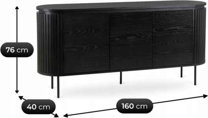 Komoda do Salonu BECK 160 cm Czarna Trzydrzwiowa Ryflowana Nowoczesna