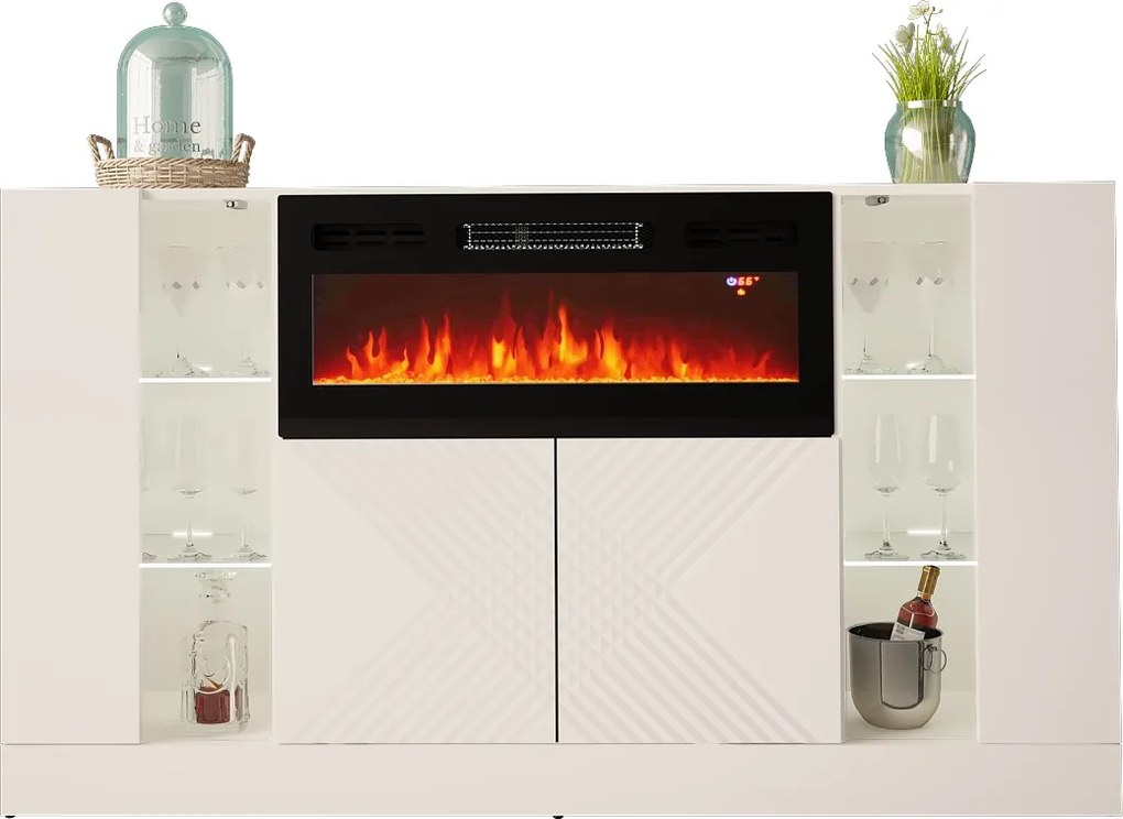 Biała komoda z kominkiem elektrycznym i oświetleniem Diuna 1