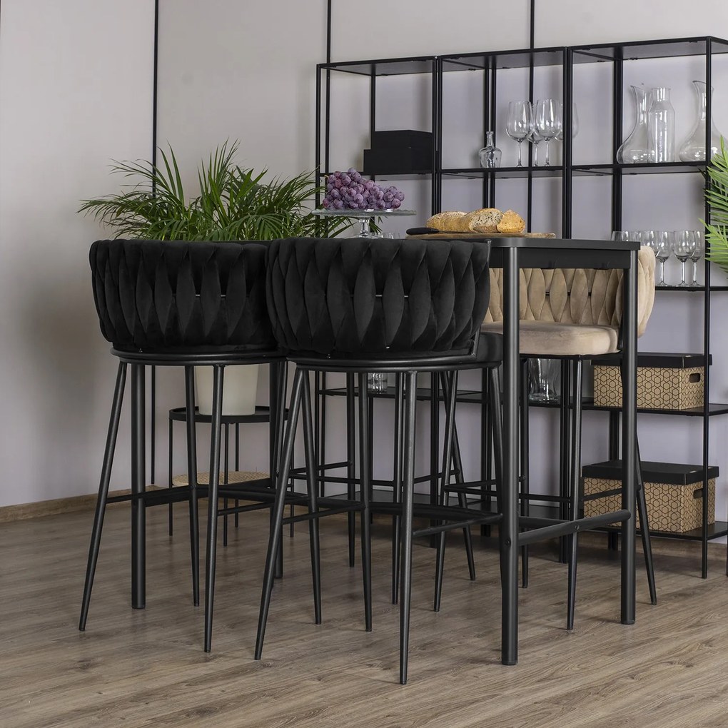Krzesło Barowe Tapicerowane Plecione Hoker FLORES Czarne Welurowe Nowoczesne Loft