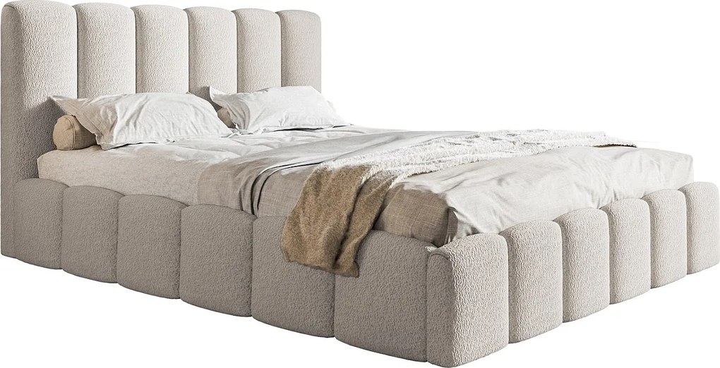 Łóżko dwuosobowe 180x200 Palermo - pojemnik i stelaż metalowy, tkanina boucle, jasny szary (Anthology 15)