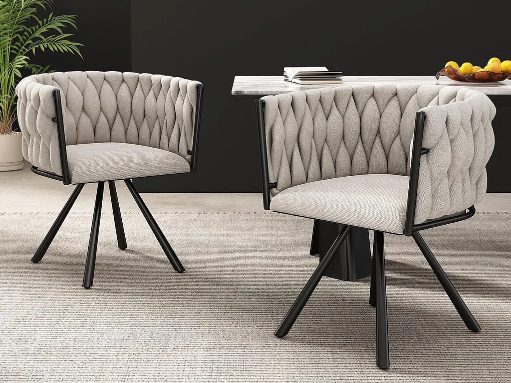 Zestaw 2 lnianych krzeseł obrotowych z podłokietnikami - czarne metalowe nogi - beż