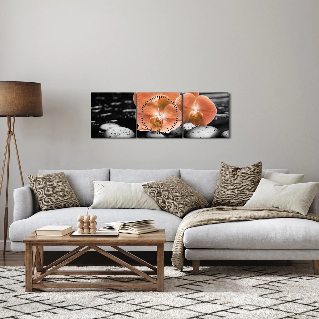 Obraz - Pomarańczowe orchidee (z zegarem) (90x30 cm)