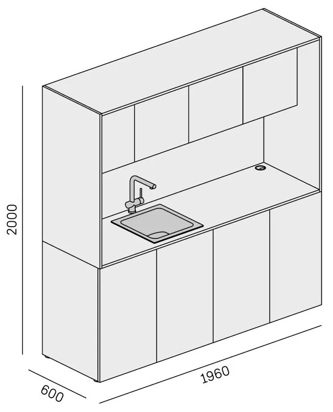 PLAN Kuchnia biurowa NIKA ze zlewem i kranem 1963 x 600 x 2000 mm, biały, lawo