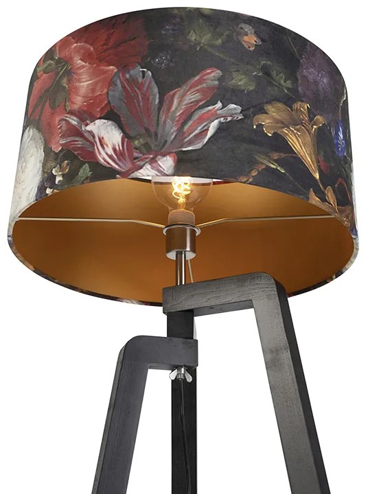Lampa podłogowa trójnóg czarna z kloszem o wzorze kwiatowym 50 cm - Puros klasyczny/Antyczny Oswietlenie wewnetrzne