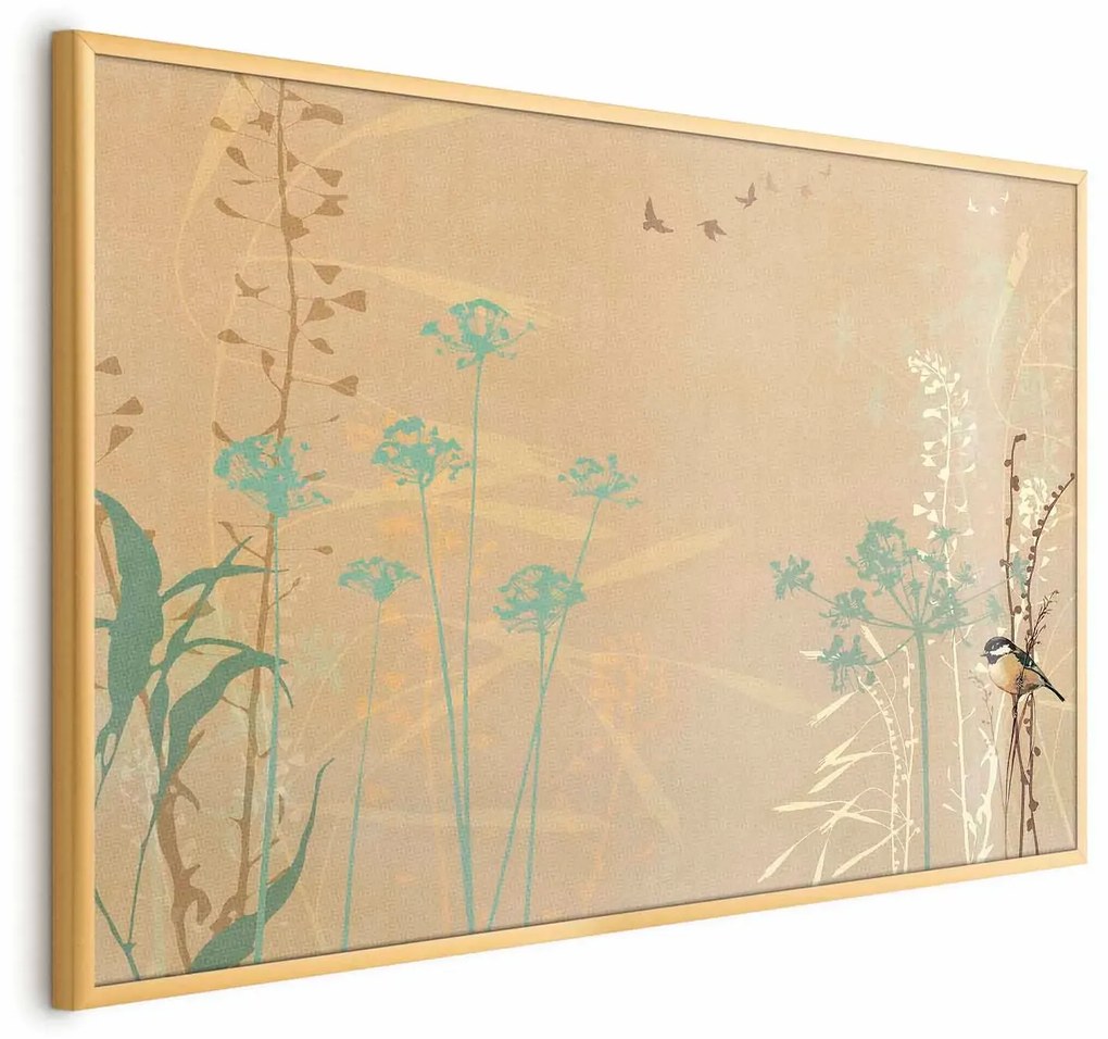 Plakat Ptaszek na łące 90x60 cm z ramą złotą bez marginesu ARTGEIST B