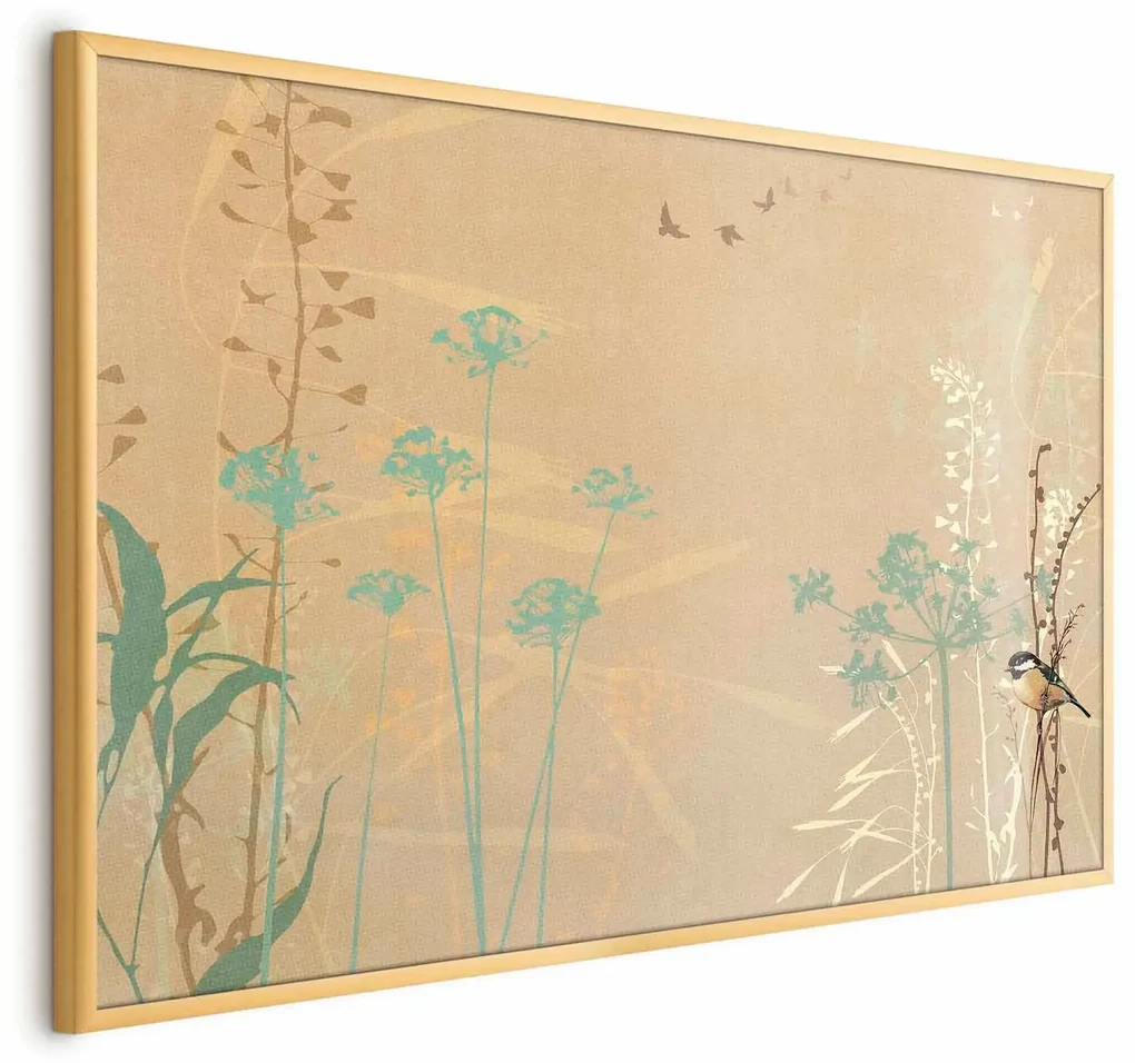 Plakat Ptaszek na łące 90x60 cm z ramą złotą bez marginesu ARTGEIST B