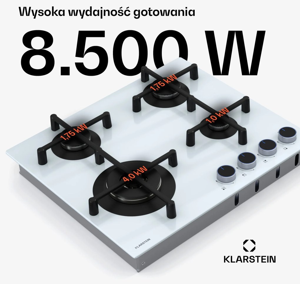 Klarstein Illuminosa 60cm Płyta gazowa 4 palniki Biały