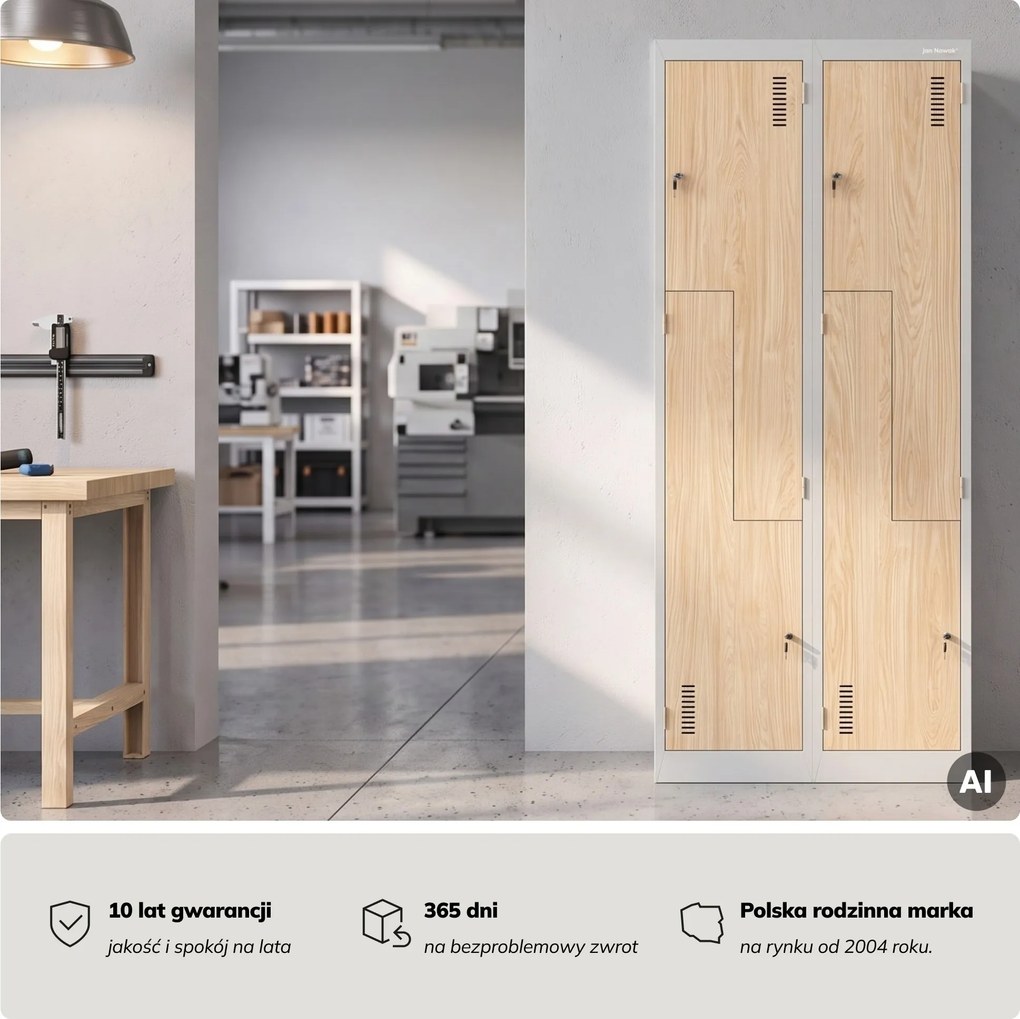 Szafa socjalna ubraniowa typu L, czterokomorowa, szara/dąb sonoma, 800x1850x450 mm: JULIA Eco Design