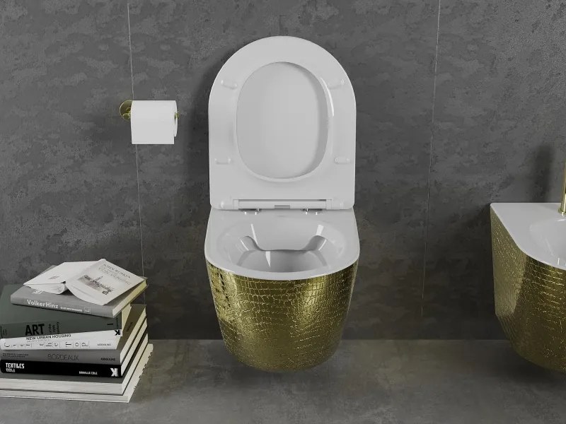 Mexen Lena miska wc Rimless z deską wolnoopadającą slim, duroplast, biała/złota wzór łuski - 30224008