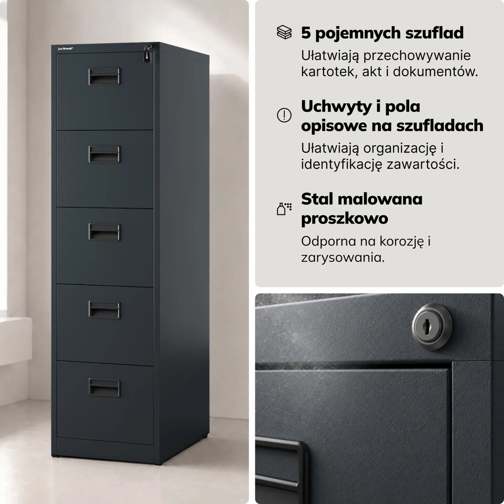 Szafa kartotekowa metalowa z 5 szufladami antracytowa, 460x1625.5x600 mm: SARA V5