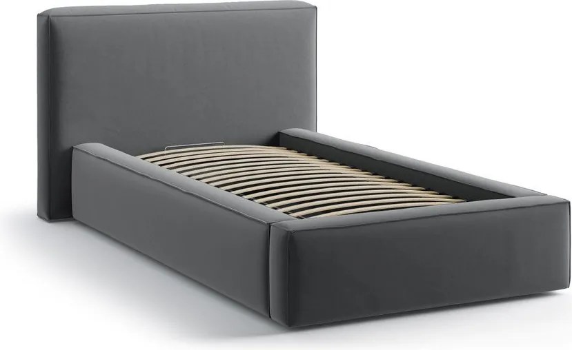 Szare tapicerowane łóżko jednoosobowe ze schowkiem ze stelażem 90x200 cm Jodie – Micadoni