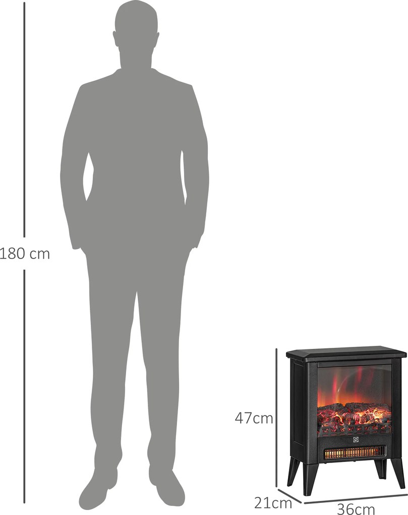 HOMCOM Elektryczny kominek z realistycznym efektem ognia, zabezpieczeniem przed przegrzaniem i niskim poziomem hałasu, 1800W, Czarny