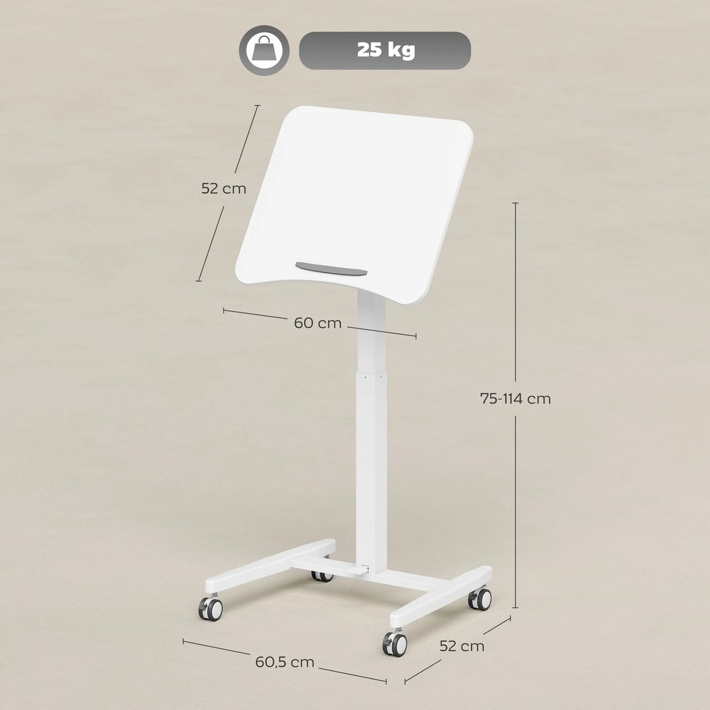 HOMCOM Regulowane Biurko Stojące, Mobilne Biurko z Regulowanym Blatem, Blokada Bezpieczeństwa, Kółka, Białe | Aosom PL