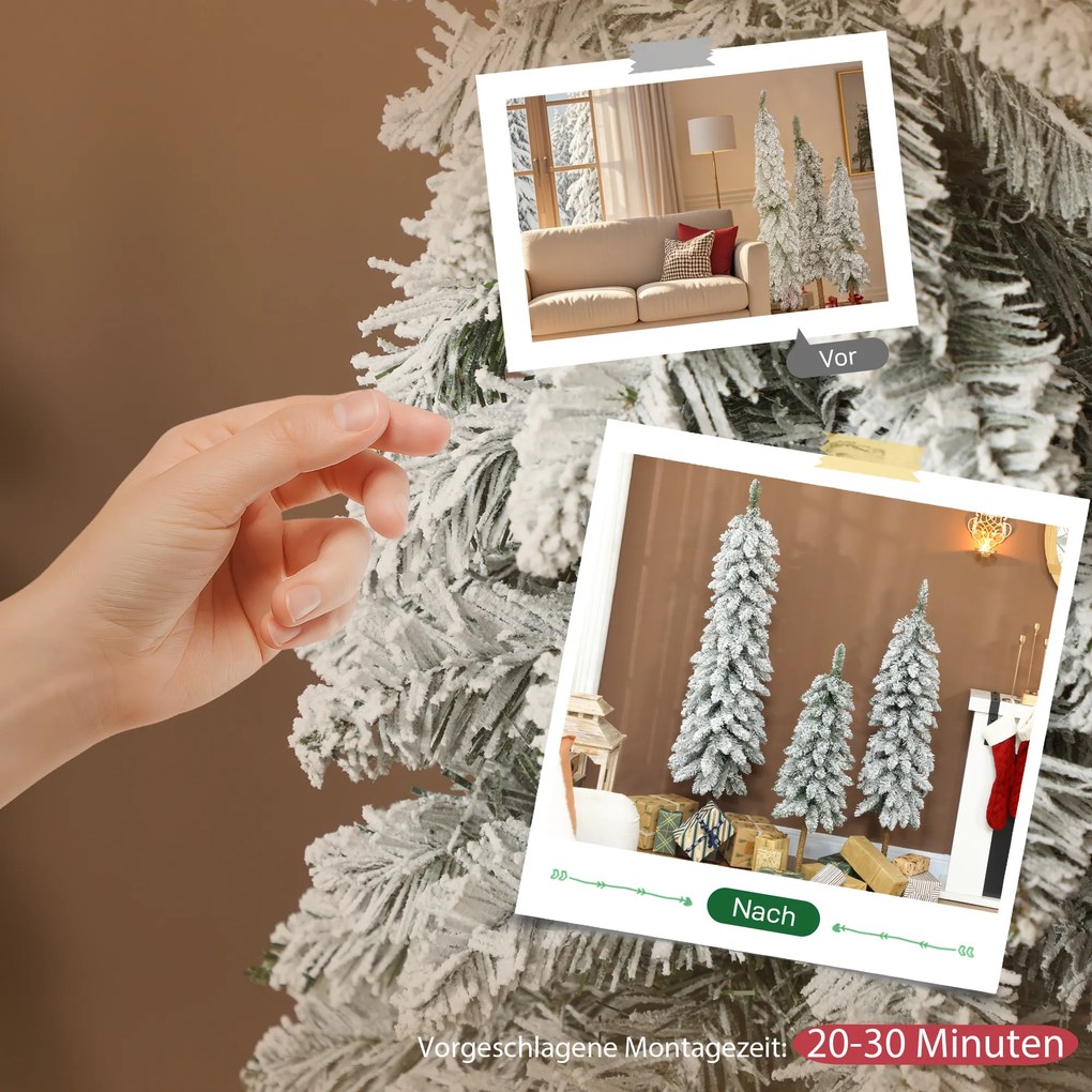 HOMCOM 3‑cz. zestaw śnieżnych sztucznych choinek 90/120/150 cm — metalowe podstawy, ognioodporne